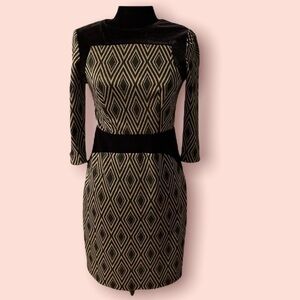 The Limited Retro Deco Style Metallic Gold & Black 3/4 Sleeves Midi Dress Size 0